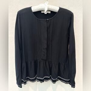 LOFT | Black Peasant Boho Minimalist Pleated Peplum Long Sleeve Blouse | XS